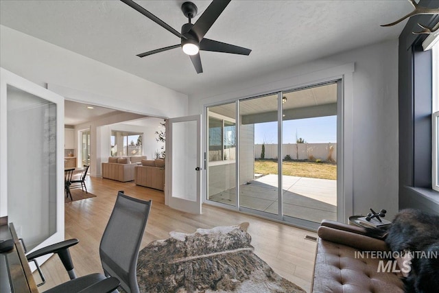 living room with ceiling fan and light wood finished floors