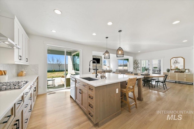 kitchen featuring stainless steel appliances, a sink, light wood-type flooring, open floor plan, and recessed lighting