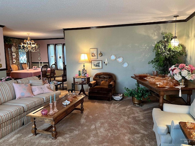 carpeted living room with a textured ceiling, a chandelier, and crown molding