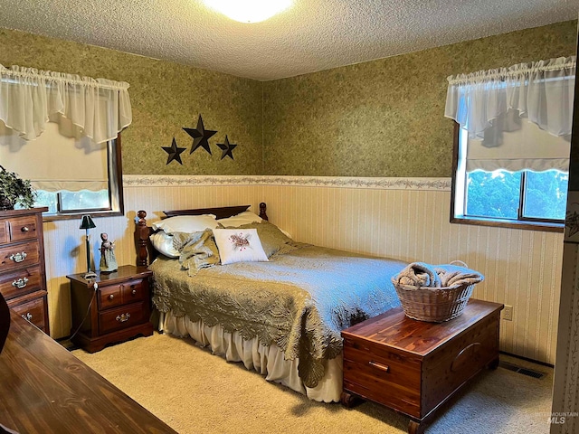 carpeted bedroom with a textured ceiling and multiple windows