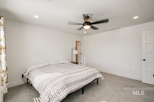 bedroom featuring recessed lighting, visible vents, carpet flooring, and baseboards