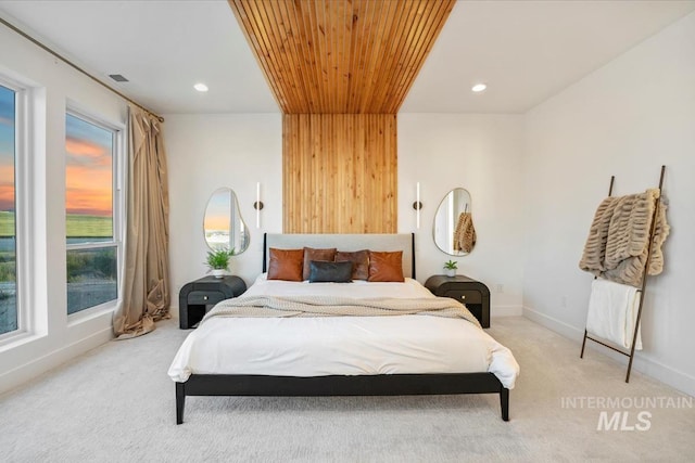 12975 Shasta Daisy Way, Nampa, ID 83686 - bedroom featuring light carpet, wooden ceiling, baseboards, and recessed lighting