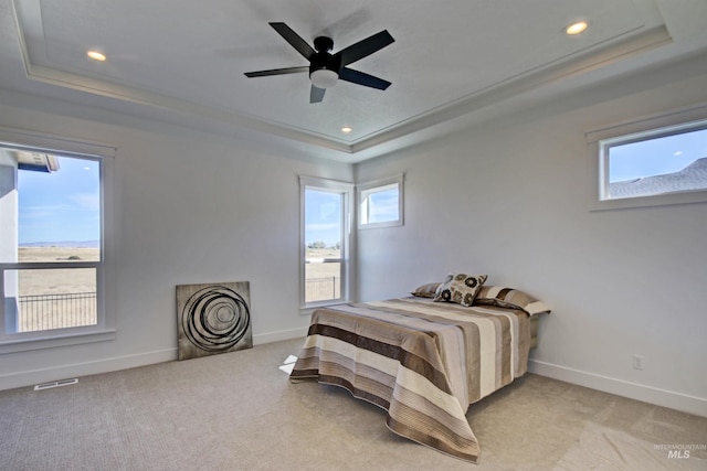 bedroom featuring multiple windows, a tray ceiling, and a fireplace