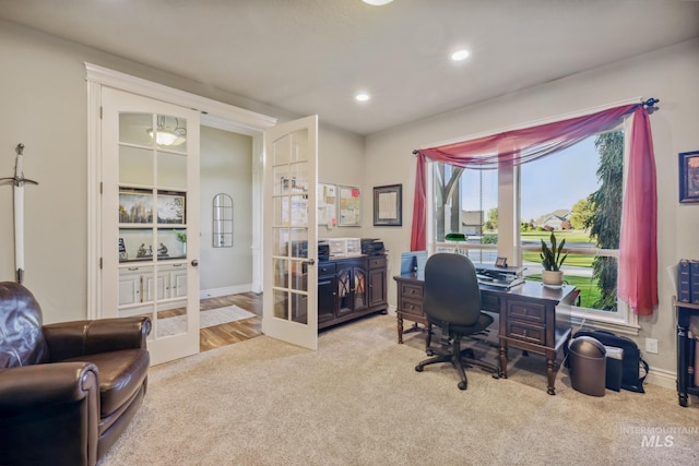 2466 Brooks Dr, Fruitland, ID 83619 - office area featuring french doors, carpet flooring, recessed lighting, and baseboards