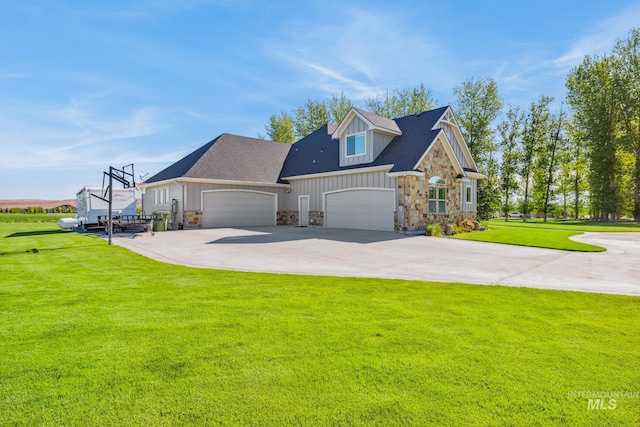 2466 Brooks Dr, Fruitland, ID 83619 - view of front facade featuring stone siding, concrete driveway, a front lawn, a garage, and board and batten siding