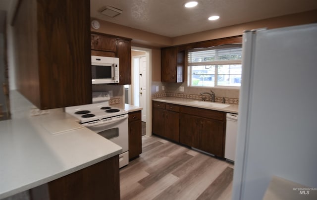 8395 W Golse Dr, Boise, ID 83704 - kitchen with light countertops, light wood-style flooring, a sink, and white appliances