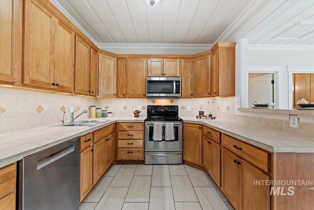 kitchen featuring a peninsula, appliances with stainless steel finishes, decorative backsplash, and a sink