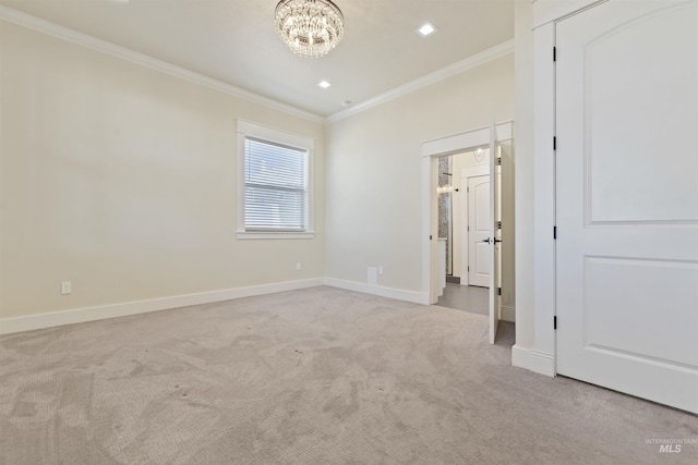 5990 W View Dr, Meridian, ID 83642 - unfurnished bedroom featuring crown molding, light carpet, a chandelier, baseboards, and recessed lighting