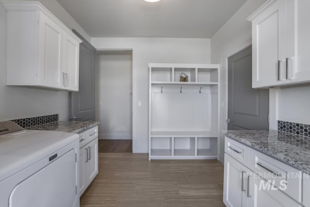 2252 Detweiler Pl, Twin Falls, ID 83301 - kitchen with washer / clothes dryer, light stone countertops, dark wood finished floors, white cabinetry, and open shelves
