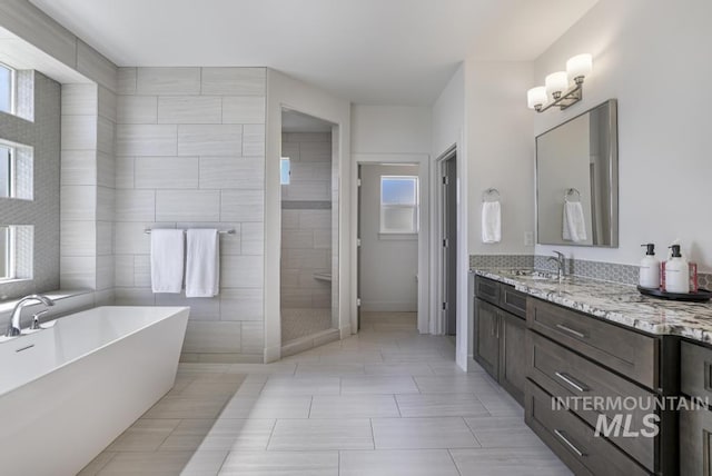 2252 Detweiler Pl, Twin Falls, ID 83301 - bathroom with a freestanding tub, a tile shower, vanity, tile patterned flooring, and tile walls