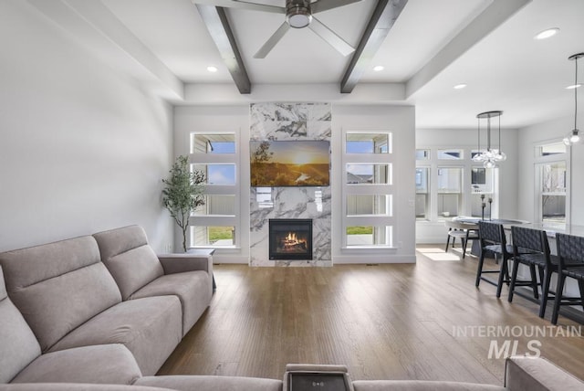 2252 Detweiler Pl, Twin Falls, ID 83301 - living room featuring plenty of natural light, a high end fireplace, wood finished floors, and ceiling fan