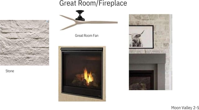 detailed view of a warm lit fireplace and ceiling fan