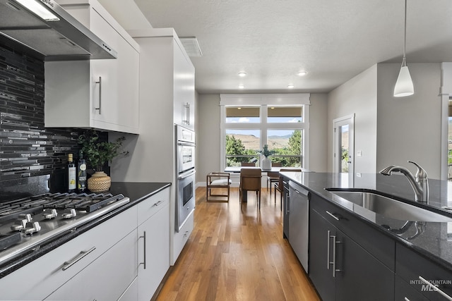 3924 E Forked Deer St, Boise, ID 83716 - kitchen with extractor fan, appliances with stainless steel finishes, white cabinetry, backsplash, and recessed lighting