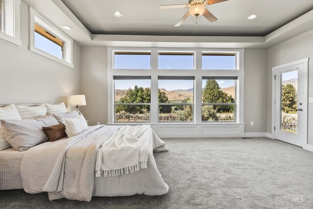 3924 E Forked Deer St, Boise, ID 83716 - bedroom with a tray ceiling, access to outside, carpet, recessed lighting, and ceiling fan