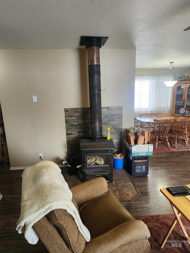 living area with a wood stove and wood finished floors