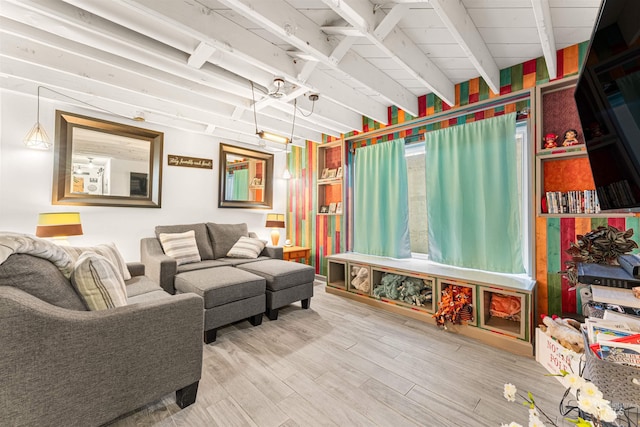 living room with beam ceiling, wooden ceiling, and hardwood / wood-style flooring