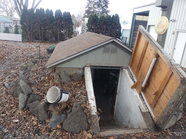 view of entry to storm shelter