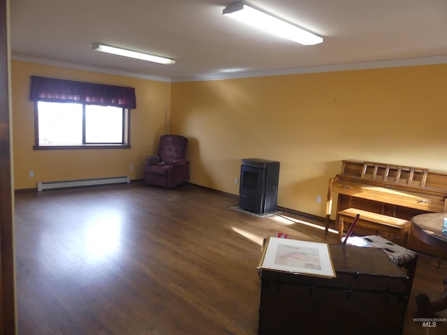 interior space featuring ornamental molding, a baseboard heating unit, a wood stove, and dark hardwood / wood-style flooring