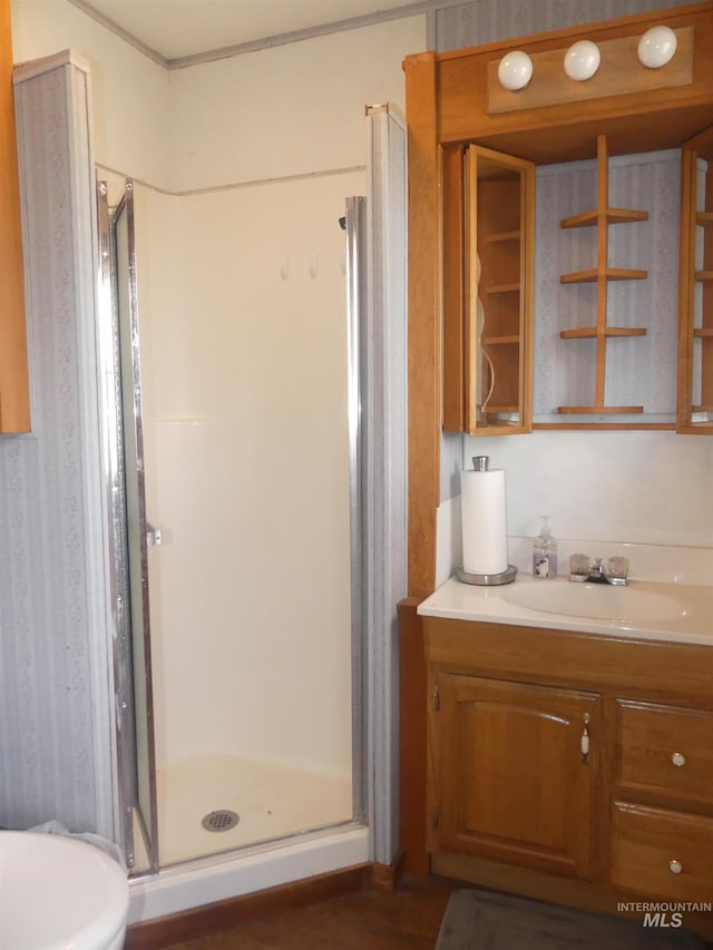 bathroom featuring a shower with door and vanity