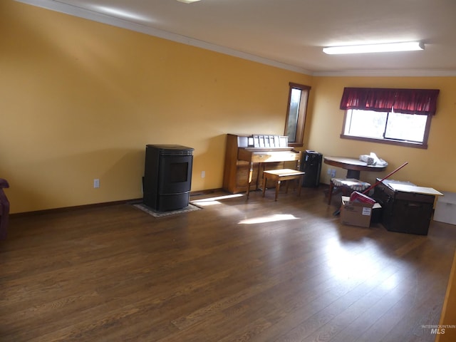 interior space with ornamental molding, a wood stove, and dark hardwood / wood-style flooring