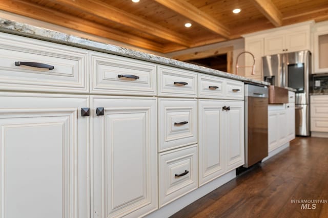 kitchen with wooden ceiling, dark wood-type flooring, beamed ceiling, light stone counters, and stainless steel appliances