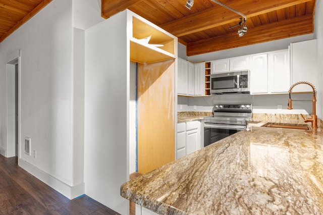 kitchen featuring light stone countertops, wood ceiling, stainless steel appliances, sink, and white cabinetry