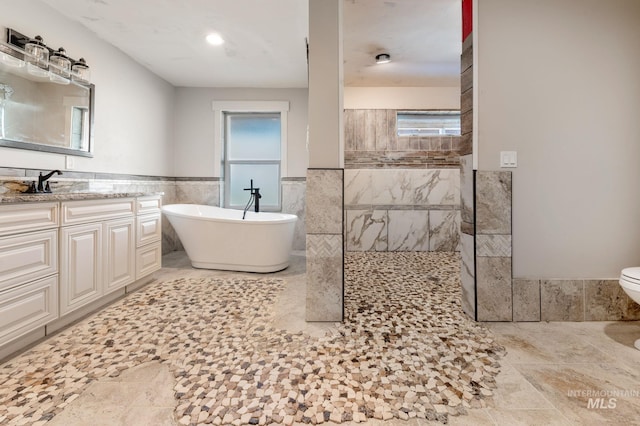 bathroom with a washtub, toilet, tile walls, and vanity