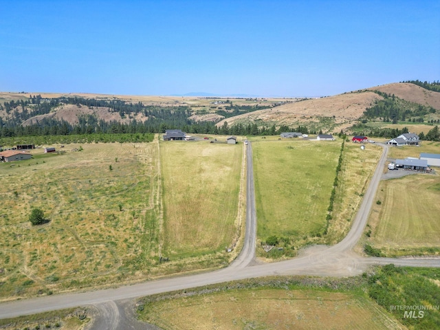 bird's eye view featuring a mountain view and a rural view