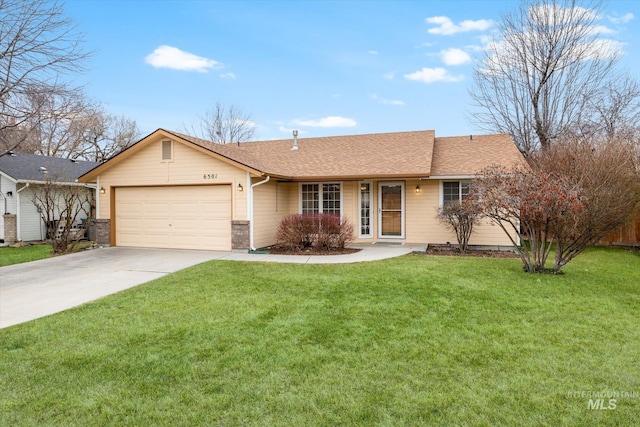 ranch-style house with driveway, a front lawn, roof with shingles, and an attached garage