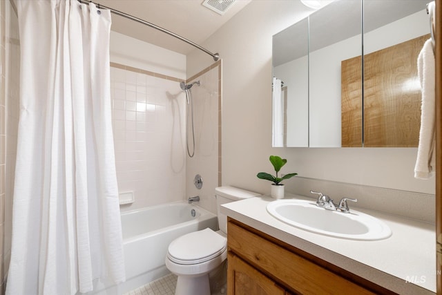 full bathroom with toilet, shower / tub combo, visible vents, and vanity