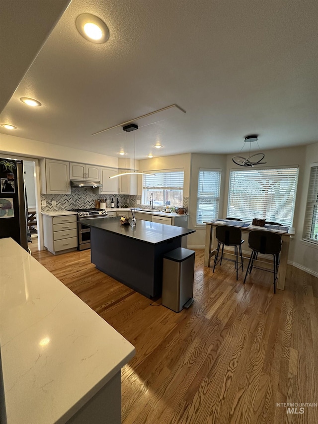 kitchen with under cabinet range hood, freestanding refrigerator, double oven range, gray cabinetry, and tasteful backsplash