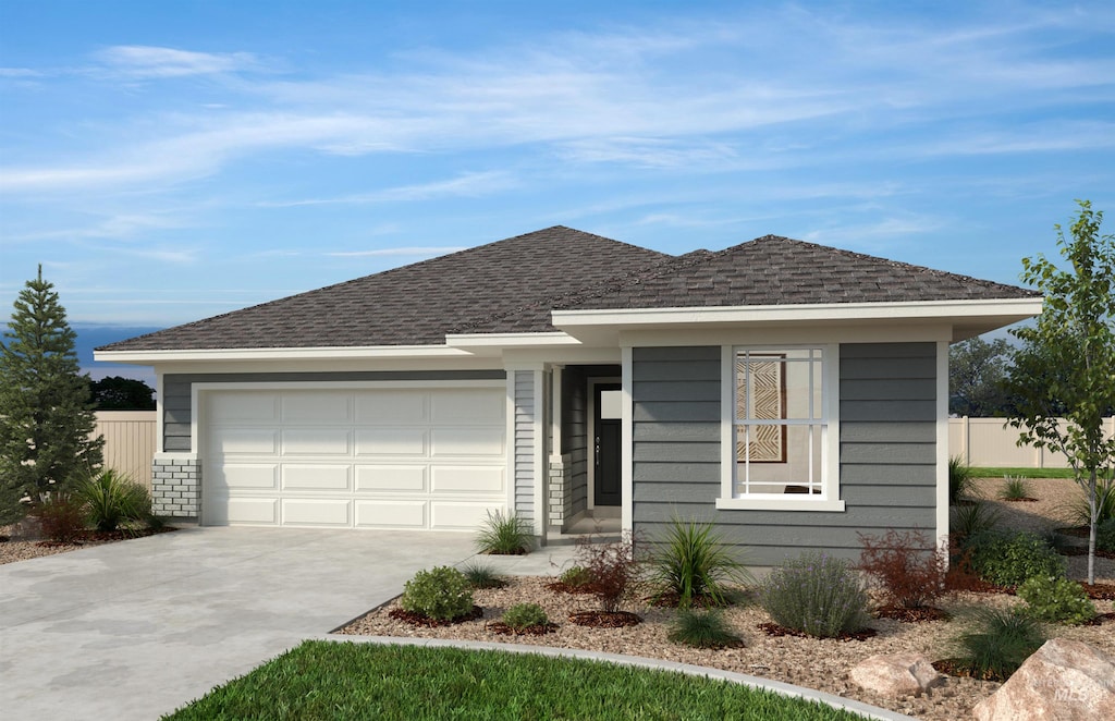 ranch-style house featuring an attached garage, concrete driveway, and roof with shingles