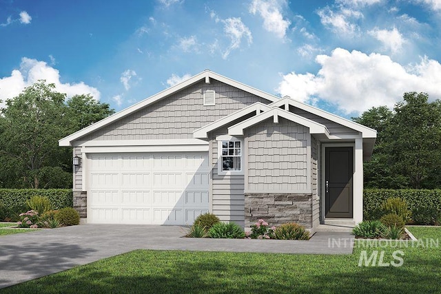 view of front of home with a garage, a front yard, stone siding, and driveway