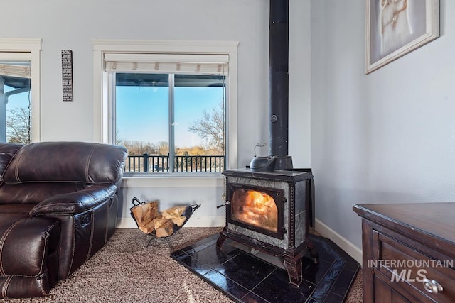 interior space featuring a wood stove