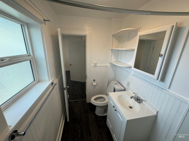 bathroom featuring hardwood / wood-style floors, vanity, and toilet