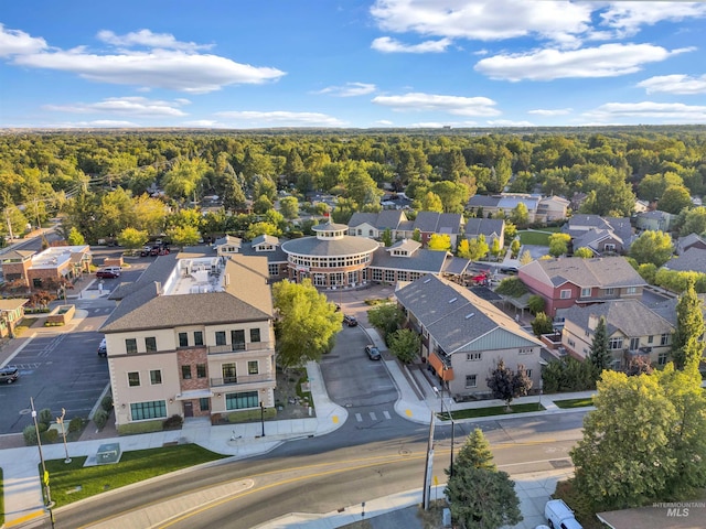 birds eye view of property with a residential view and a view of trees