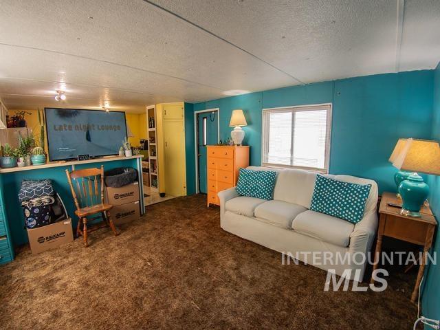 carpeted living room featuring a textured ceiling