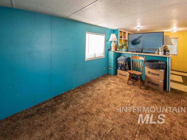 interior space featuring carpet flooring and a textured ceiling