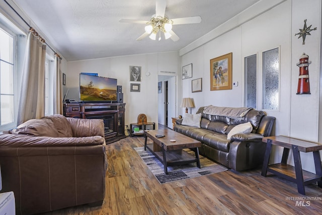 living room with ceiling fan, vaulted ceiling, wood finished floors, and a textured ceiling
