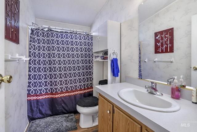 bathroom featuring vanity, curtained shower, and toilet
