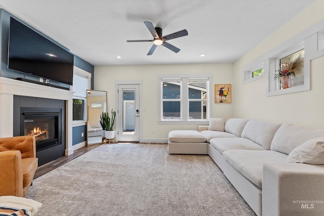 918 N 31st St, Boise, ID 83702 - living area featuring a ceiling fan, plenty of natural light, a fireplace, recessed lighting, and wood finished floors