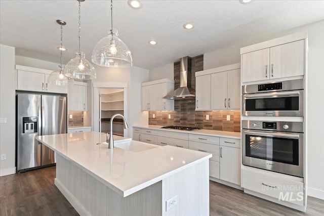 13958 Levendi Ct, Caldwell, ID 83607 - kitchen with appliances with stainless steel finishes, a sink, wall chimney range hood, tasteful backsplash, and dark wood-style flooring