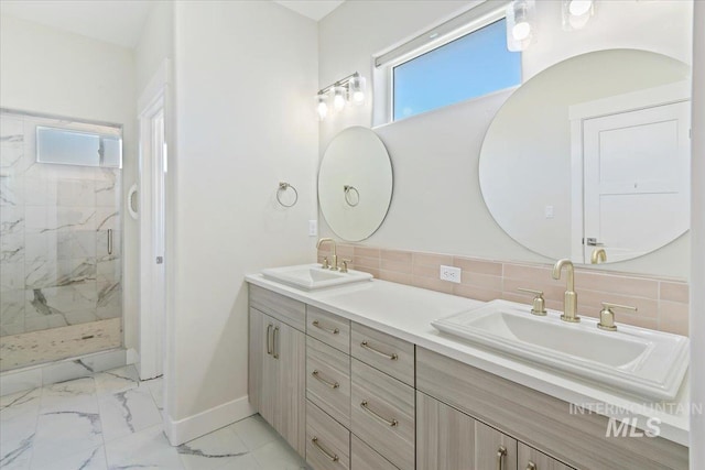 13958 Levendi Ct, Caldwell, ID 83607 - bathroom featuring marble look tiles, double vanity, baseboards, a marble finish shower, and backsplash