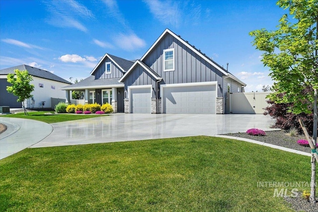 13958 Levendi Ct, Caldwell, ID 83607 - craftsman-style home with board and batten siding, driveway, stone siding, an attached garage, and central air condition unit