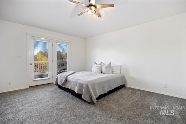 carpeted bedroom featuring a ceiling fan, access to outside, and baseboards