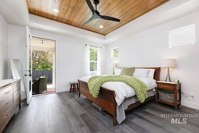 bedroom with access to outside, a raised ceiling, ceiling fan, and wood ceiling