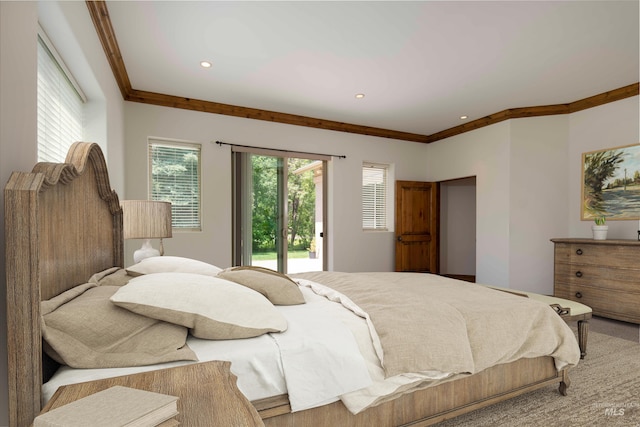 205 Shaun Ln, Hailey, ID 83333 - bedroom with access to exterior, crown molding, recessed lighting, and carpet