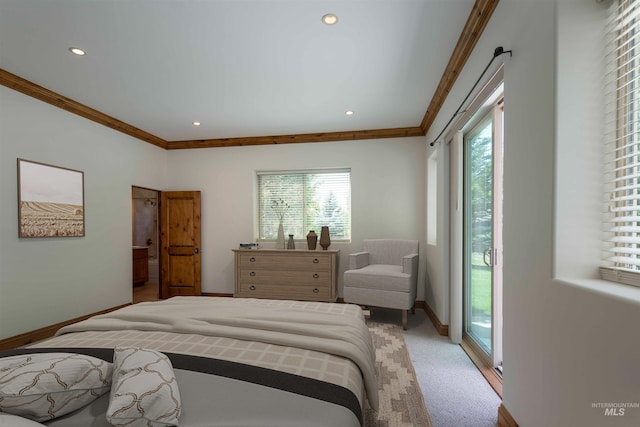 205 Shaun Ln, Hailey, ID 83333 - bedroom with crown molding, access to exterior, baseboards, recessed lighting, and light carpet