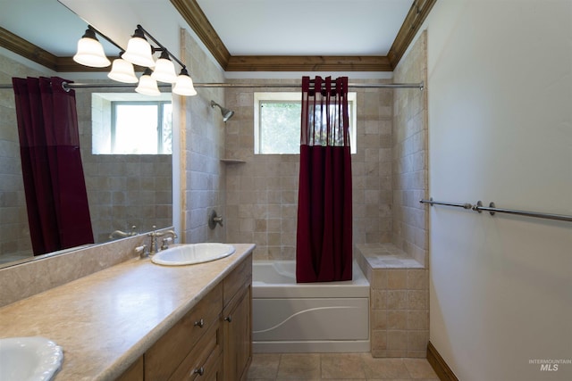 205 Shaun Ln, Hailey, ID 83333 - full bath featuring double vanity, shower / bath combo with shower curtain, tile patterned floors, and crown molding