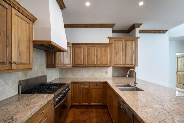 205 Shaun Ln, Hailey, ID 83333 - kitchen with a sink, stainless steel appliances, premium range hood, brown cabinetry, and recessed lighting